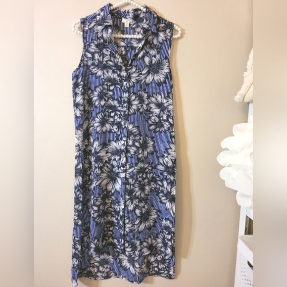 Button down sleeveless floral collared long length tunic blouse / dress - Picture 7 of 8